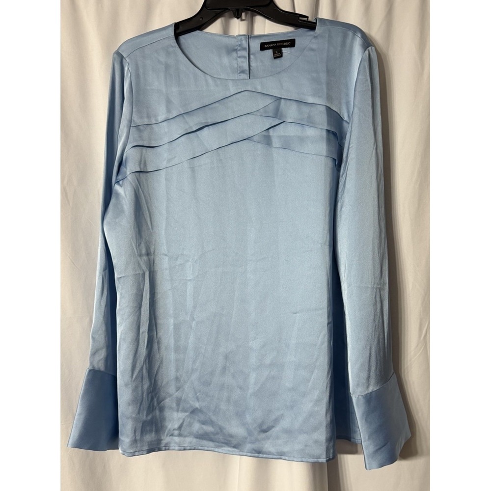 NWT Banana Republic Womens Long Sleeve Flat Ruffle Blue Top Blouse Shirt Large